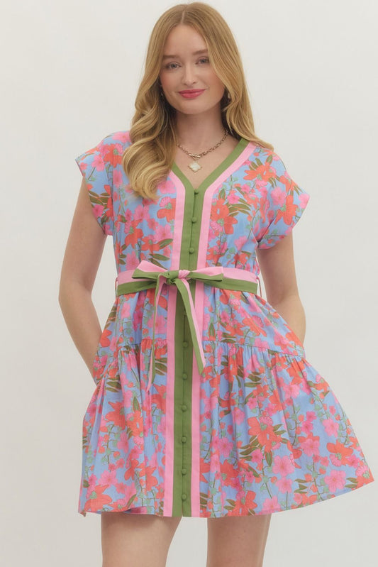 Floral Blue Line Mini Dress