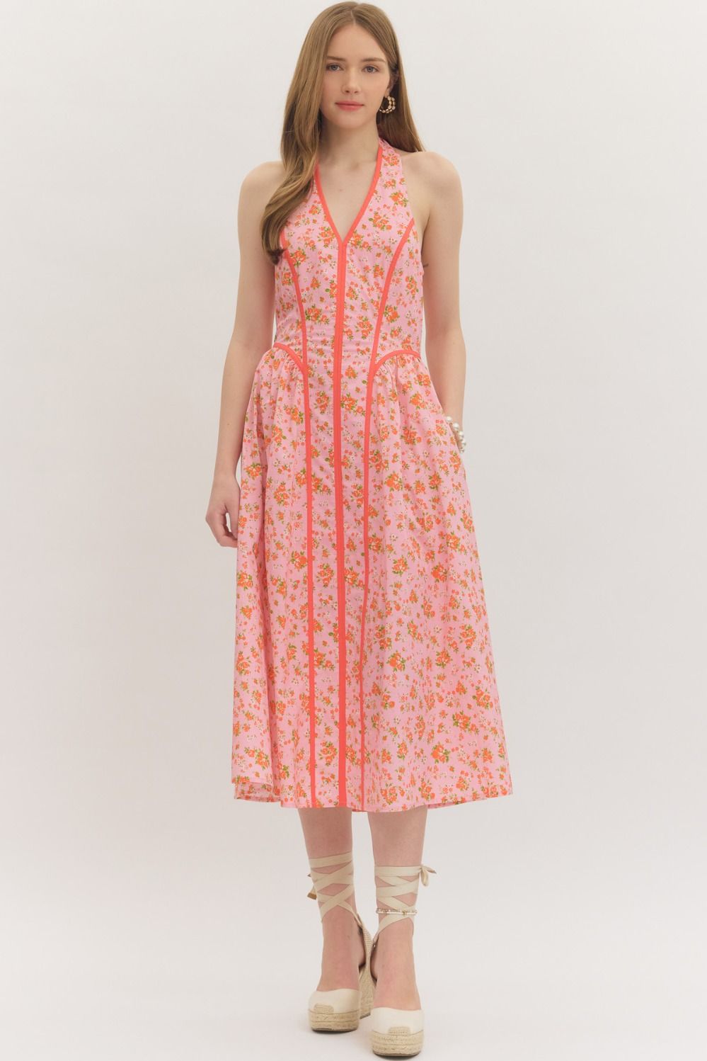 Pink Floral Halter Midi Dress