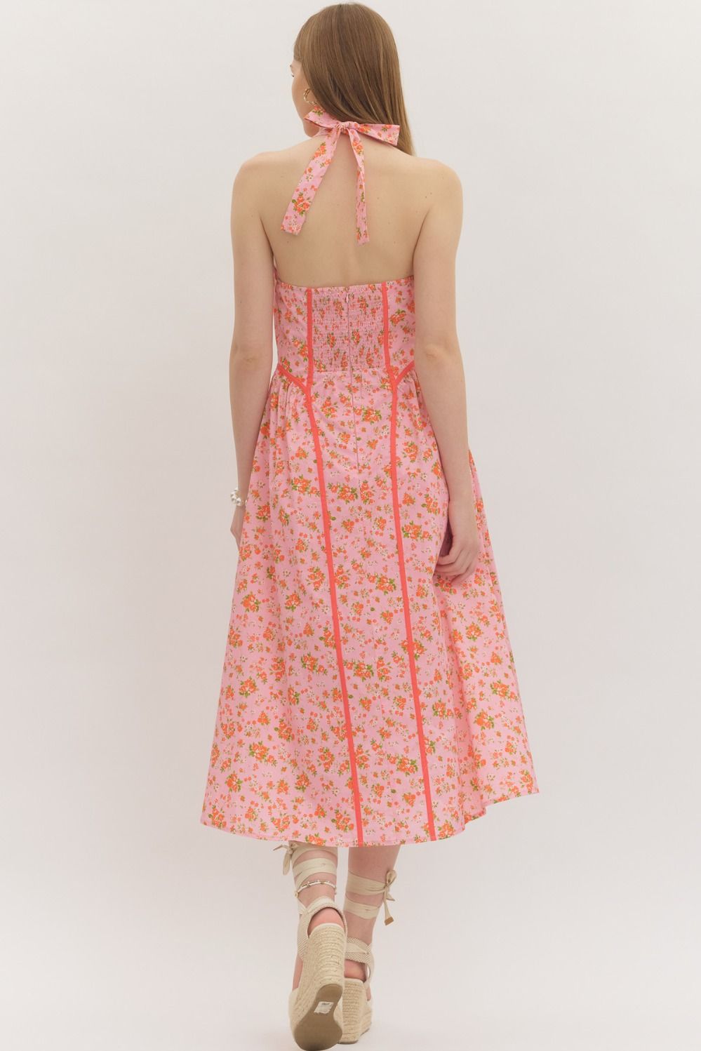 Pink Floral Halter Midi Dress