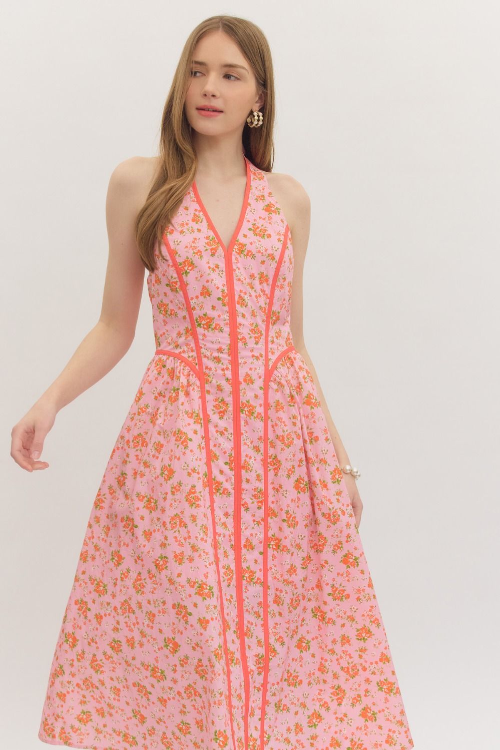 Pink Floral Halter Midi Dress