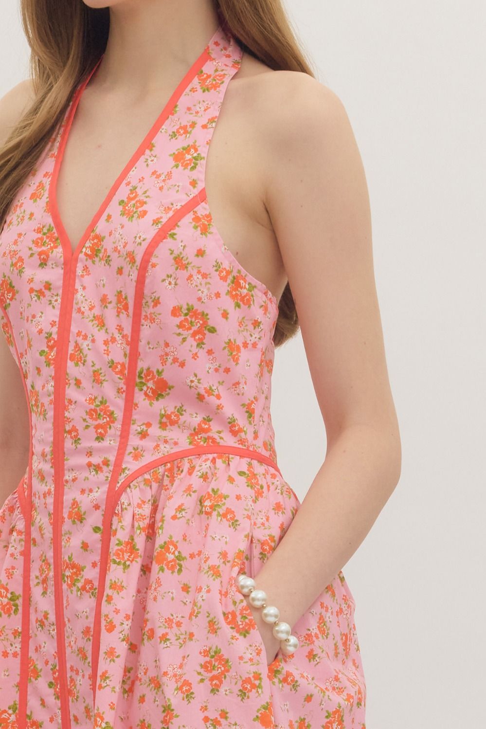 Pink Floral Halter Midi Dress