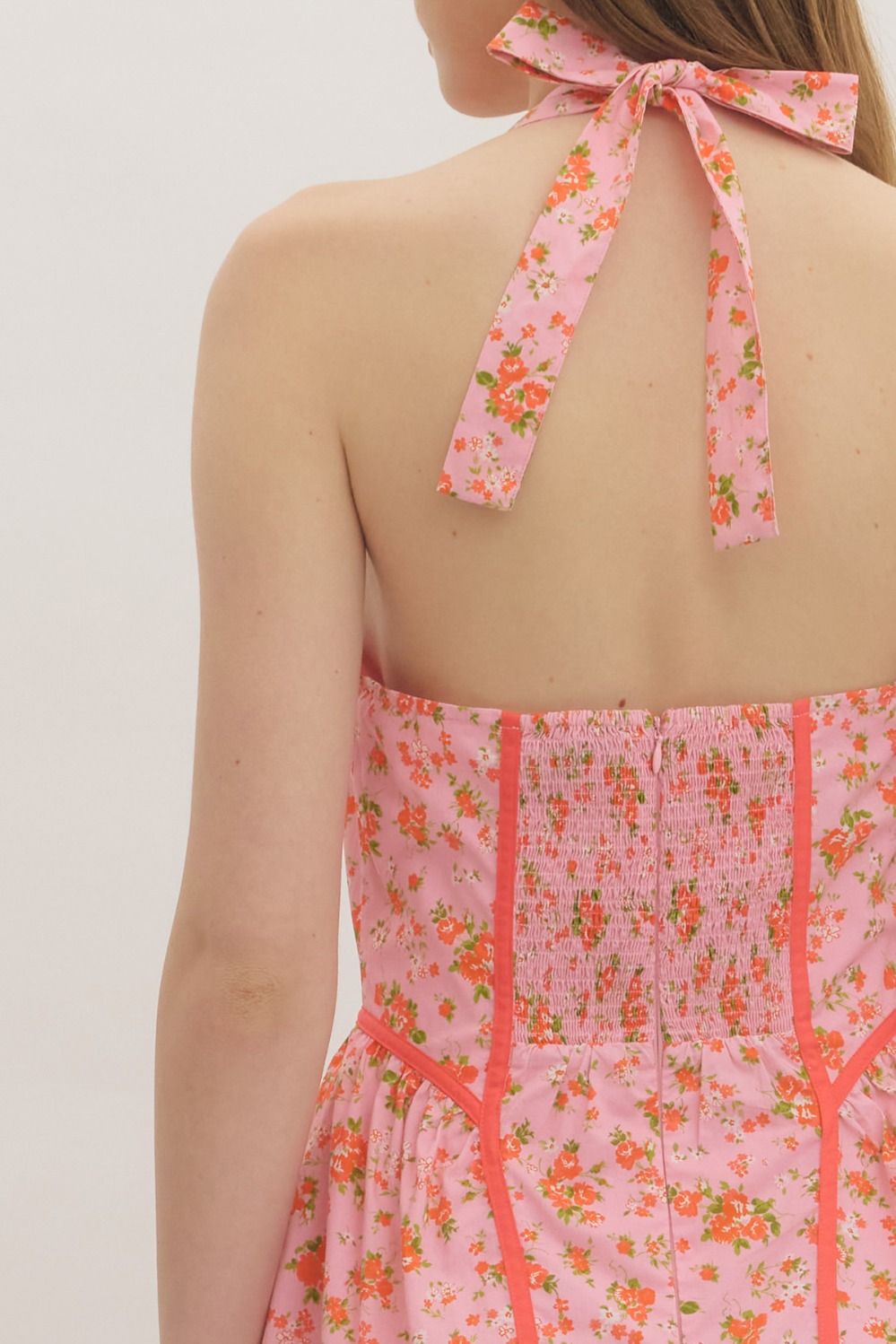 Pink Floral Halter Midi Dress