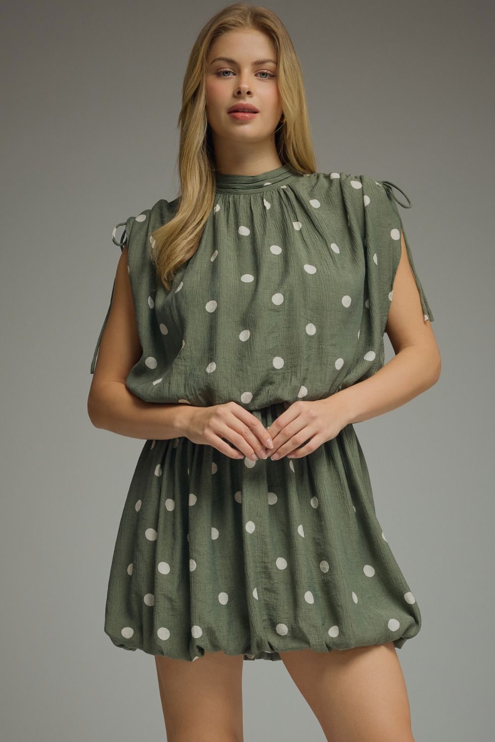 Olive Polka Dot Sleeveless Mini Dress