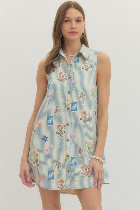 Blue Striped Denim Sleeveless Mini Dress