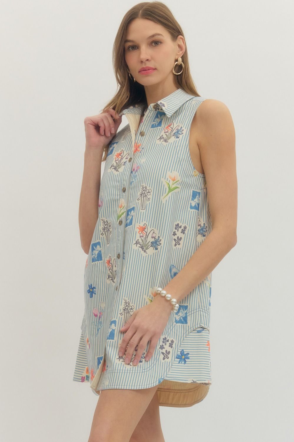 Blue Striped Denim Sleeveless Mini Dress