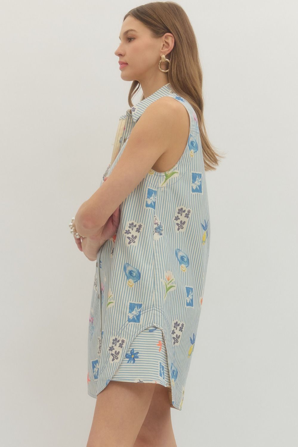 Blue Striped Denim Sleeveless Mini Dress