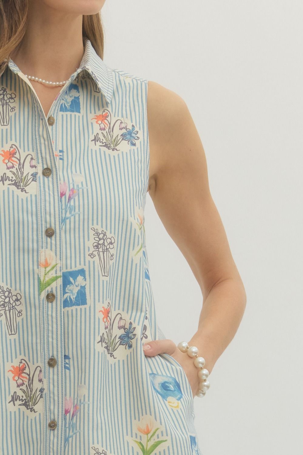 Blue Striped Denim Sleeveless Mini Dress