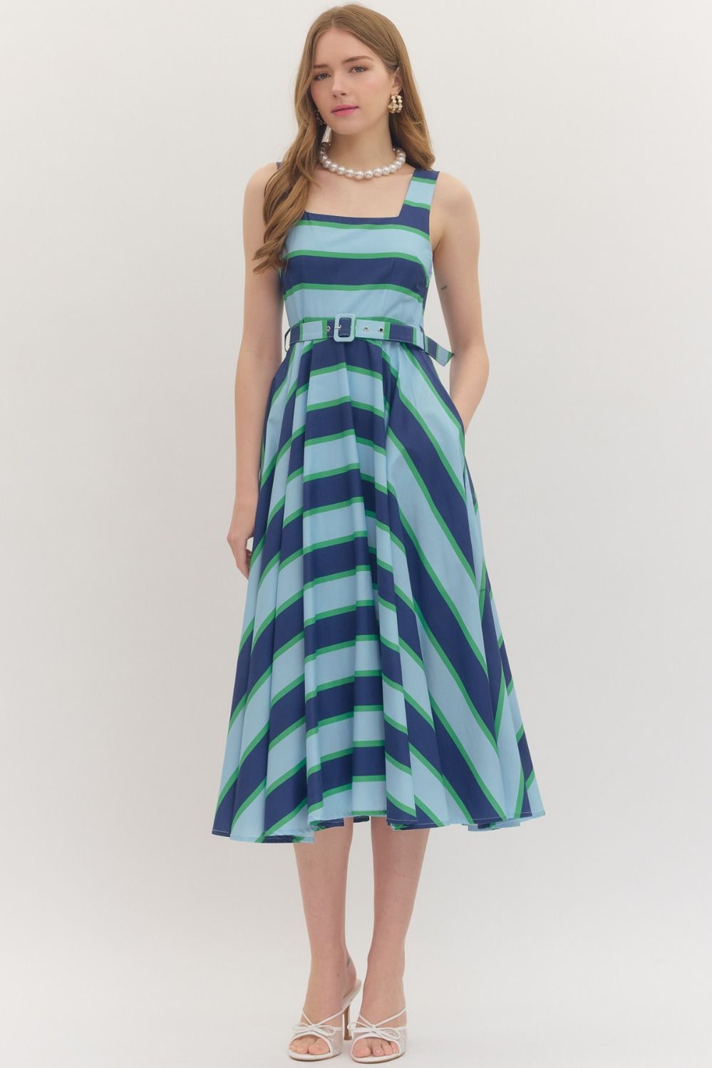 Navy Striped Circle Dress with Belt