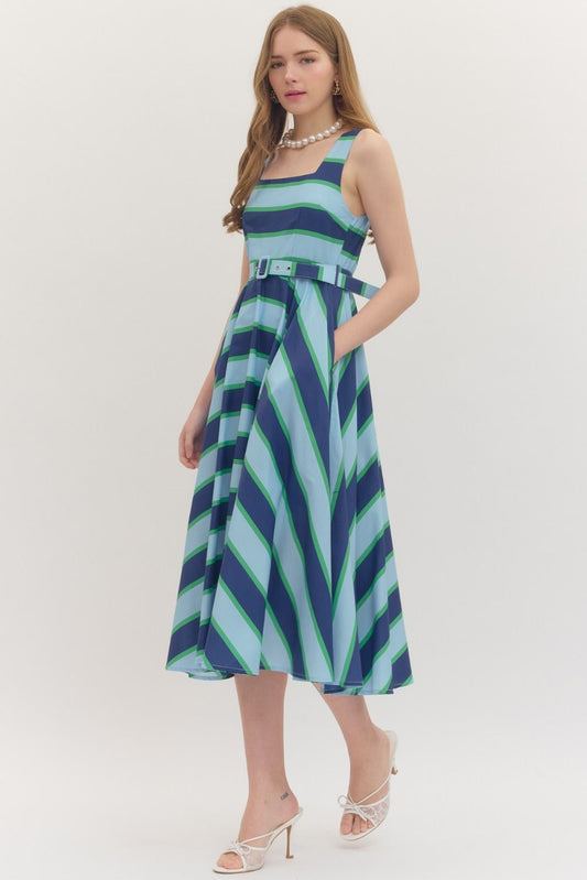 Navy Striped Circle Dress with Belt
