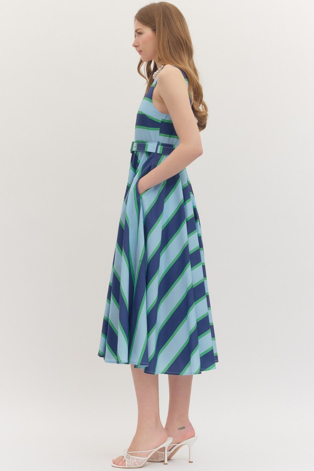 Navy Striped Circle Dress with Belt