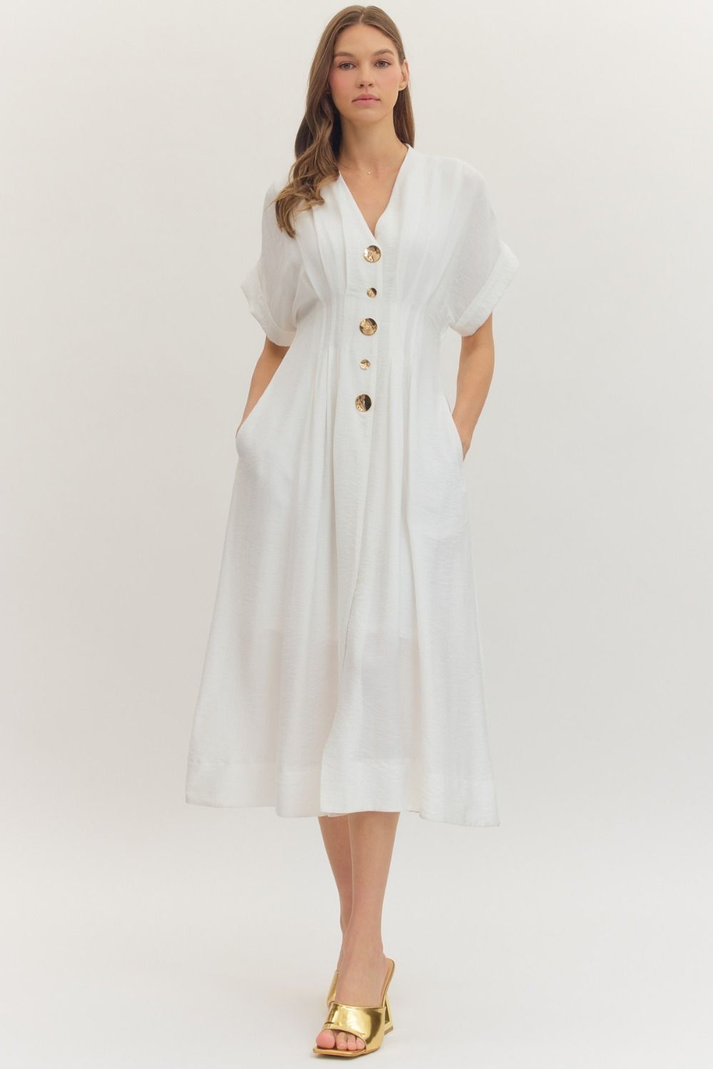 White Pintuck Midi Dress with Gold Buttons