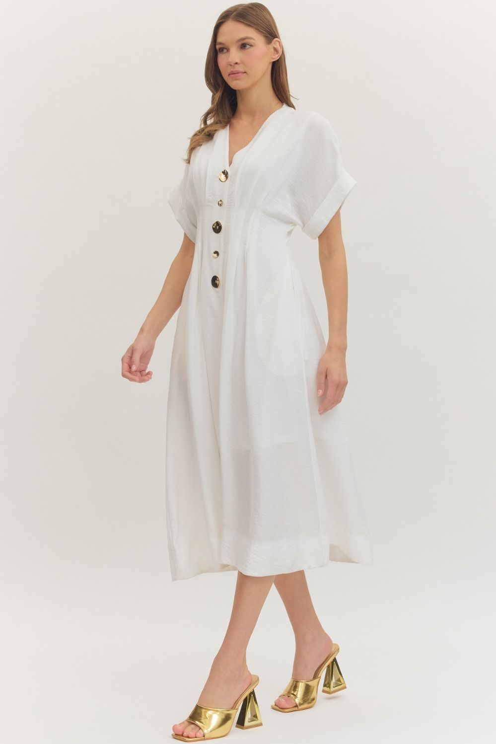 White Pintuck Midi Dress with Gold Buttons