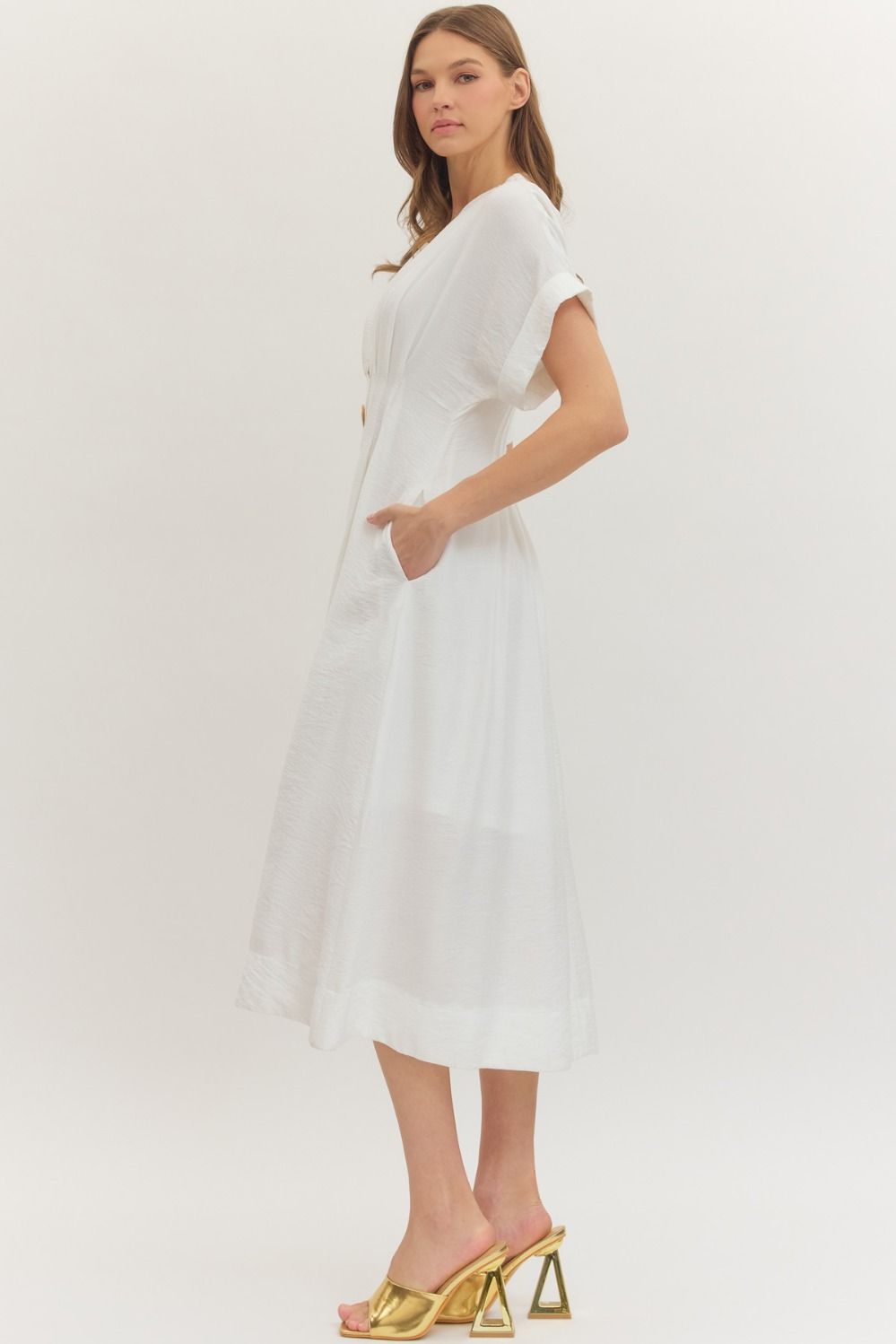 White Pintuck Midi Dress with Gold Buttons