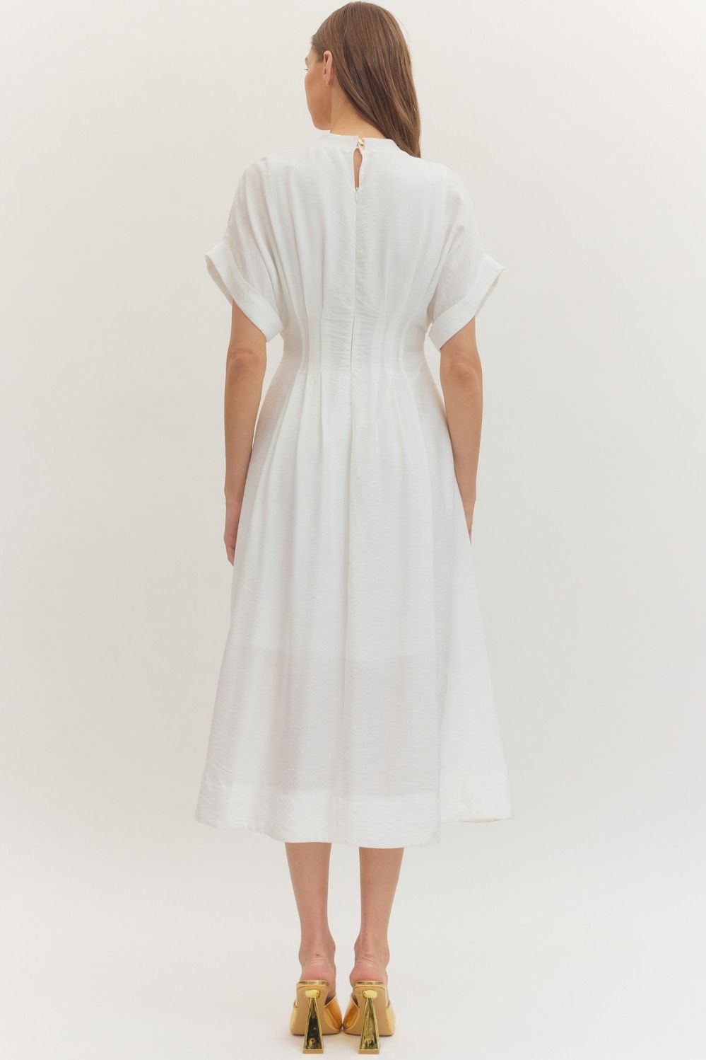 White Pintuck Midi Dress with Gold Buttons
