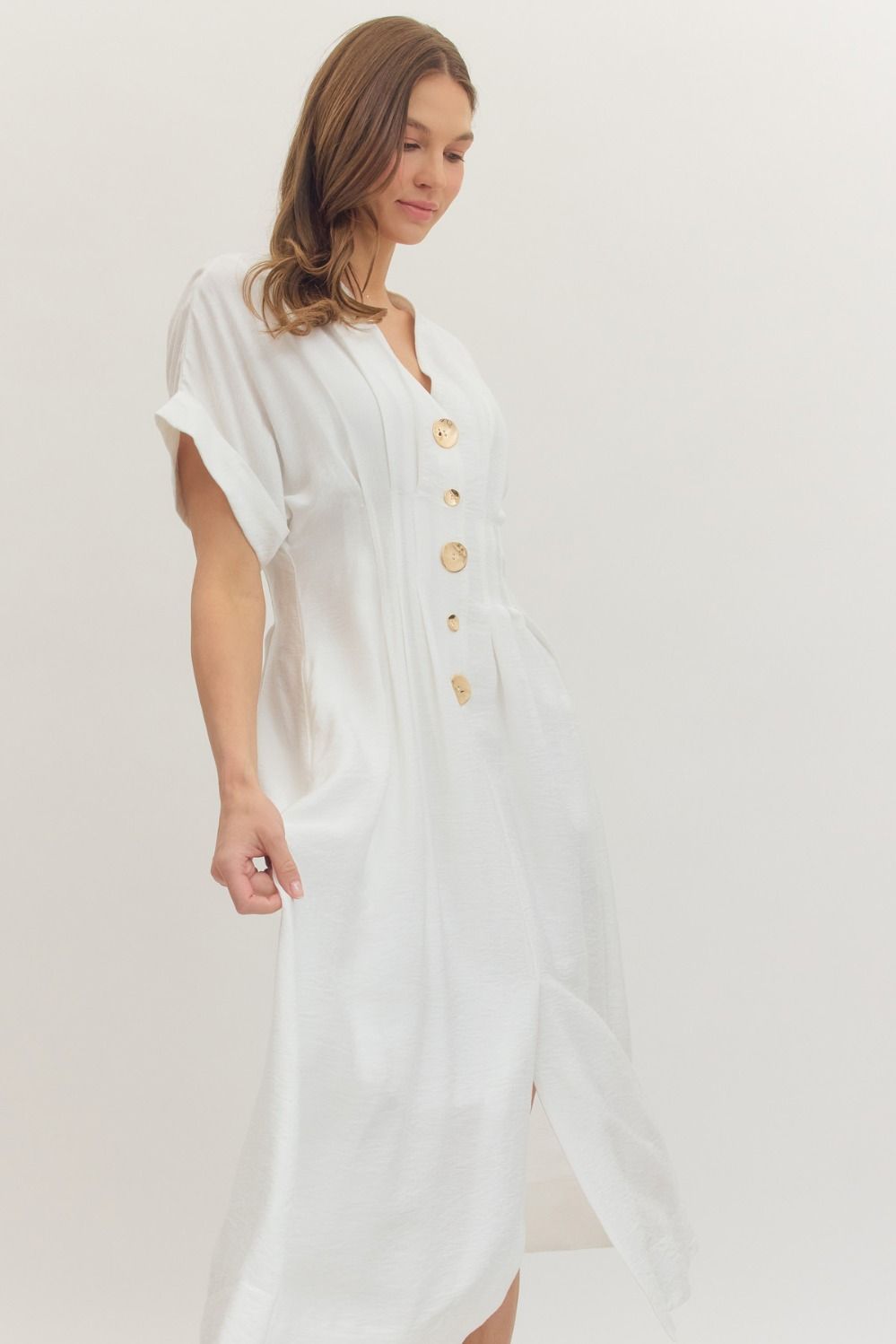 White Pintuck Midi Dress with Gold Buttons