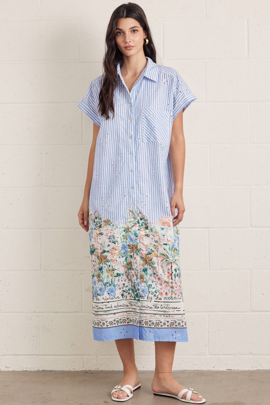 Blue Striped Short Sleeve Midi Dress