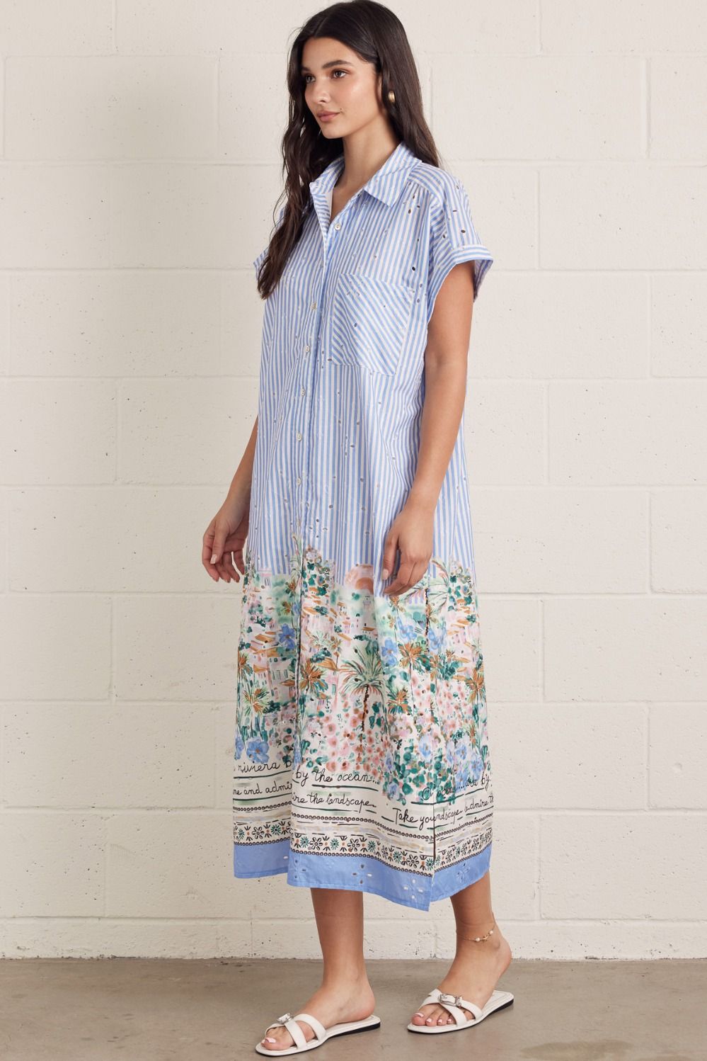 Blue Striped Short Sleeve Midi Dress