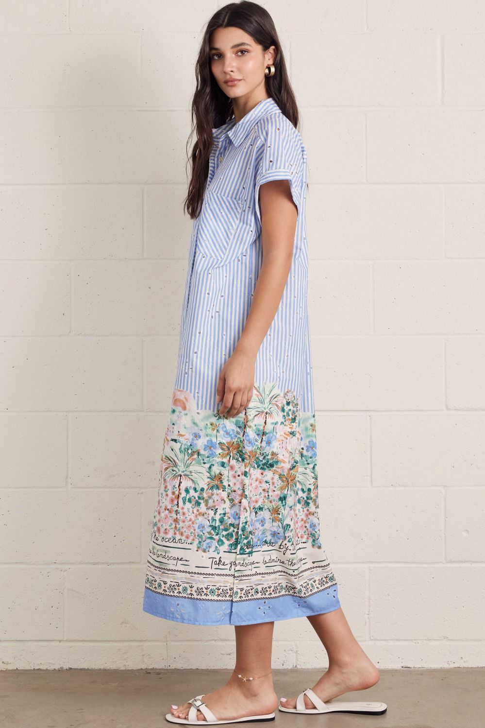 Blue Striped Short Sleeve Midi Dress