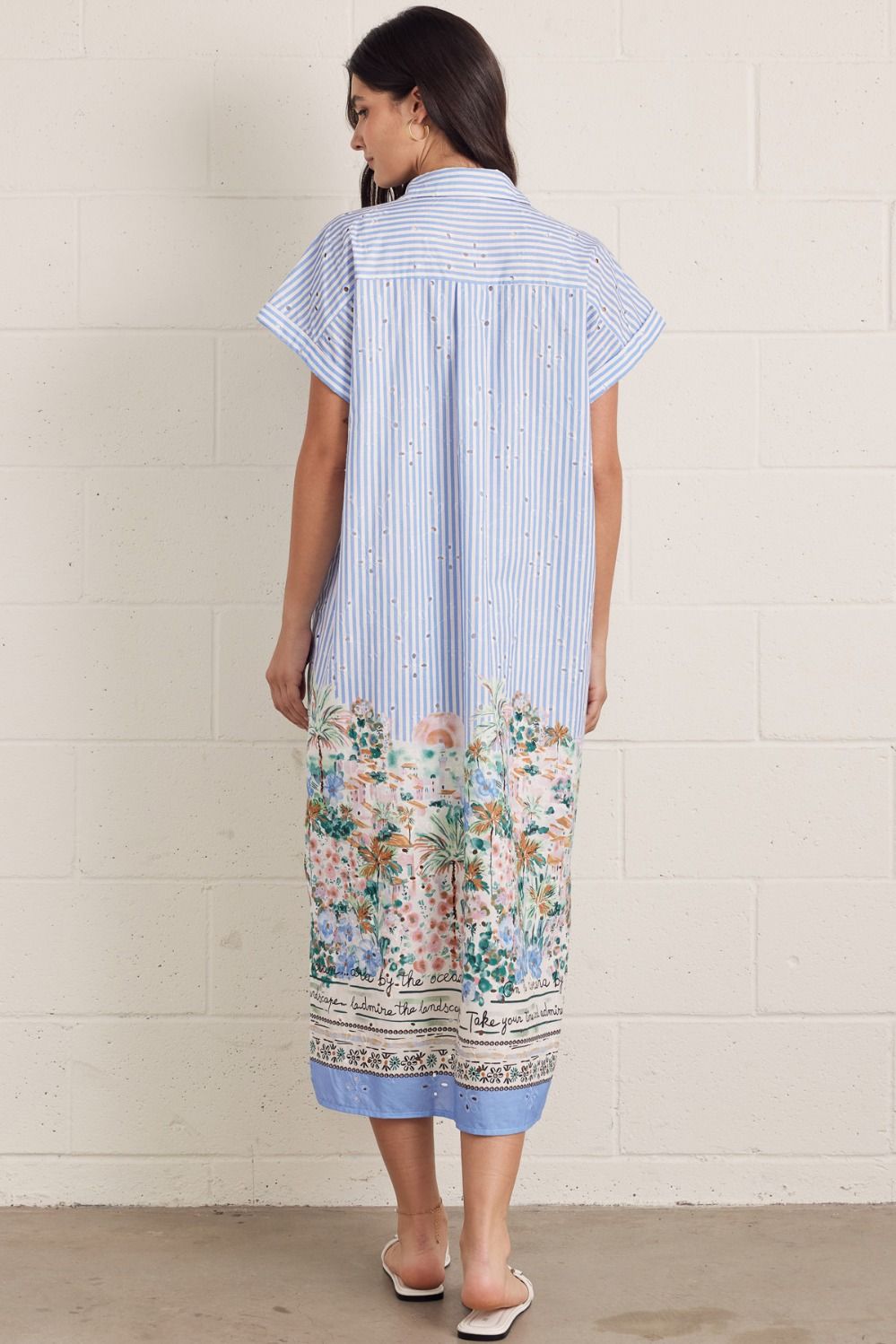 Blue Striped Short Sleeve Midi Dress