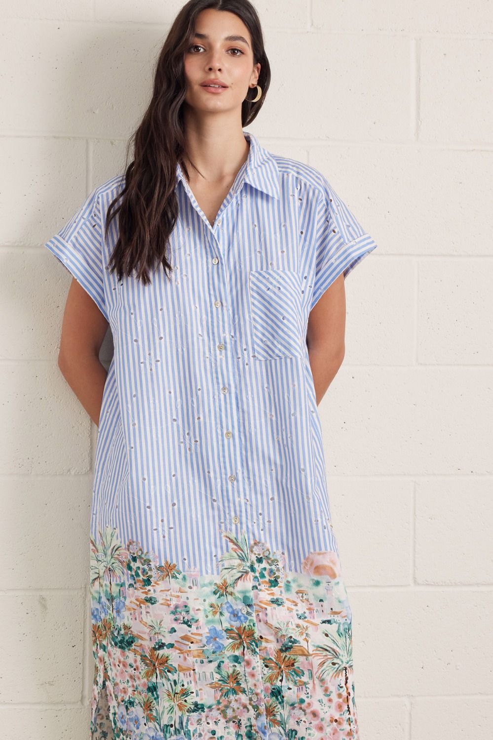 Blue Striped Short Sleeve Midi Dress