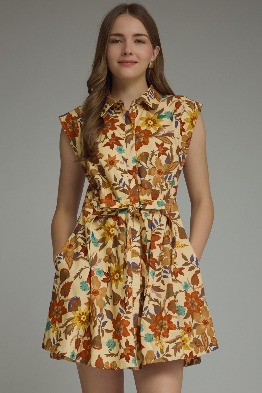 Tan Fall Floral Sleeveless Dress