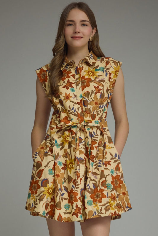 Tan Fall Floral Sleeveless Dress