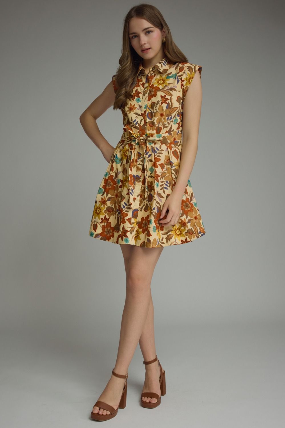 Tan Fall Floral Sleeveless Dress