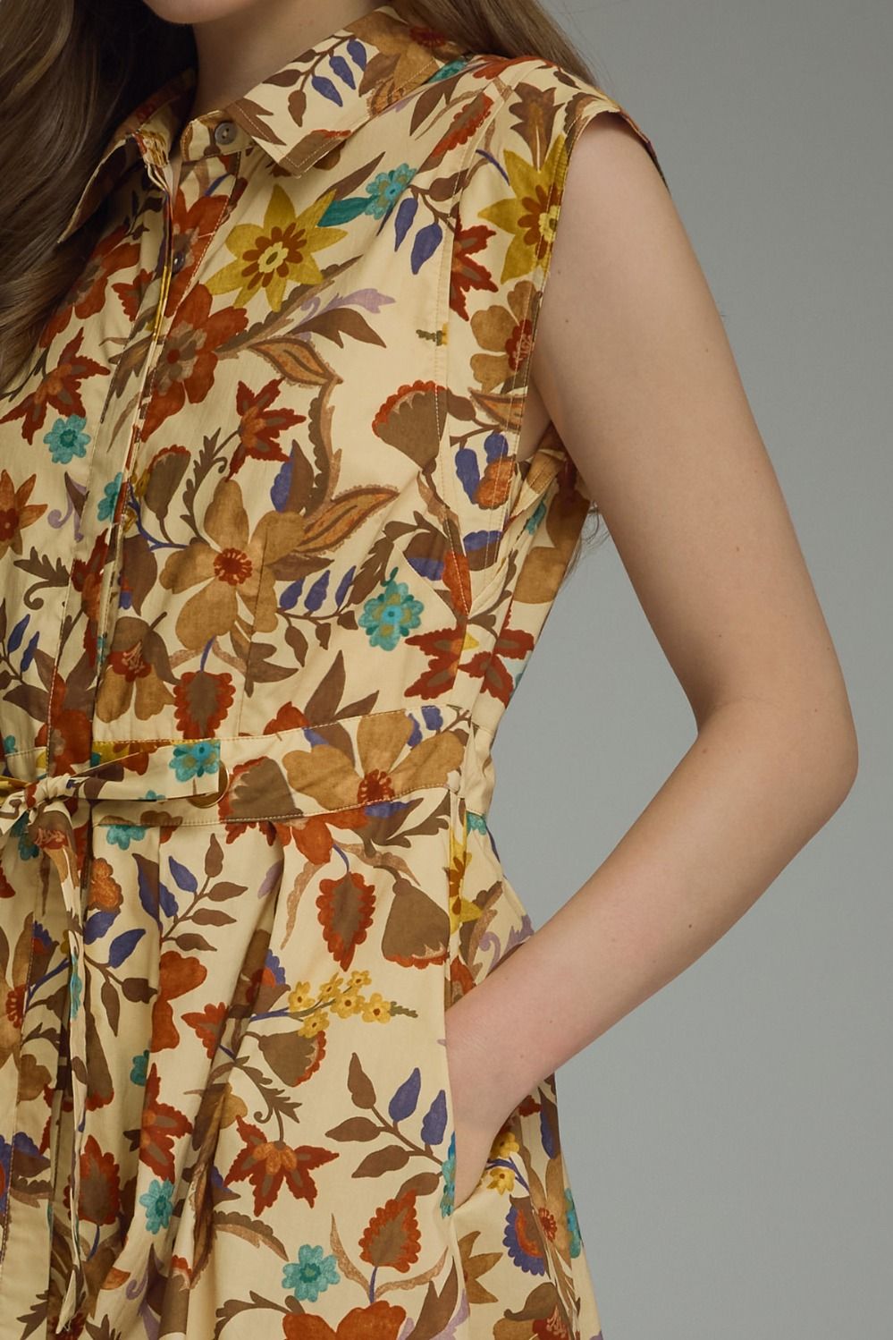 Tan Fall Floral Sleeveless Dress