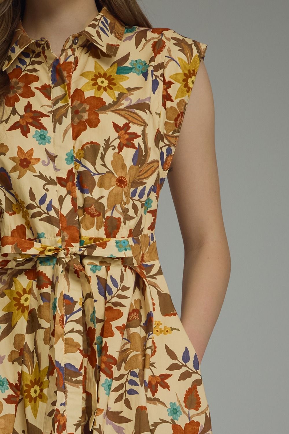 Tan Fall Floral Sleeveless Dress