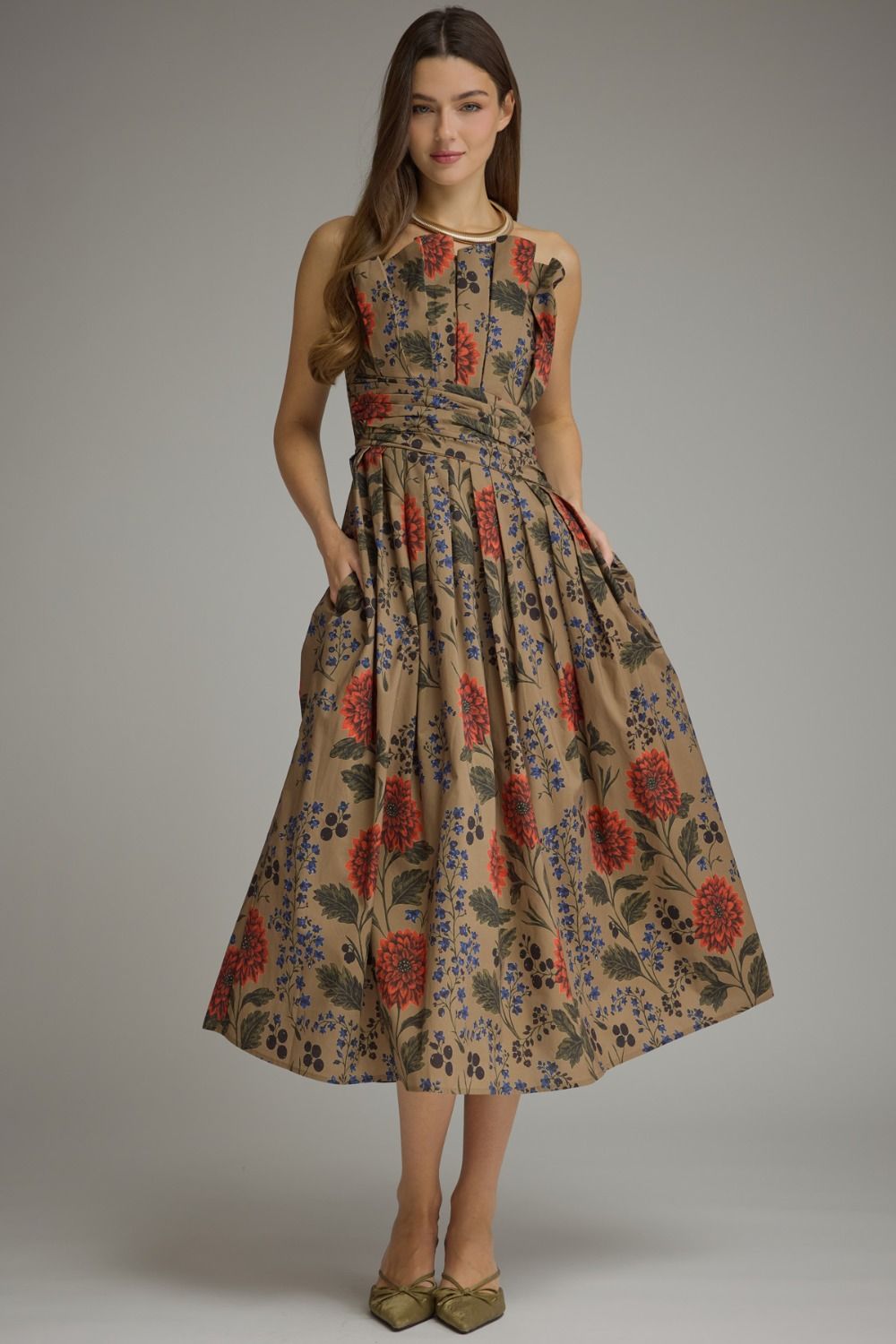 Floral Fall Sleeveless Pleated Midi Dress