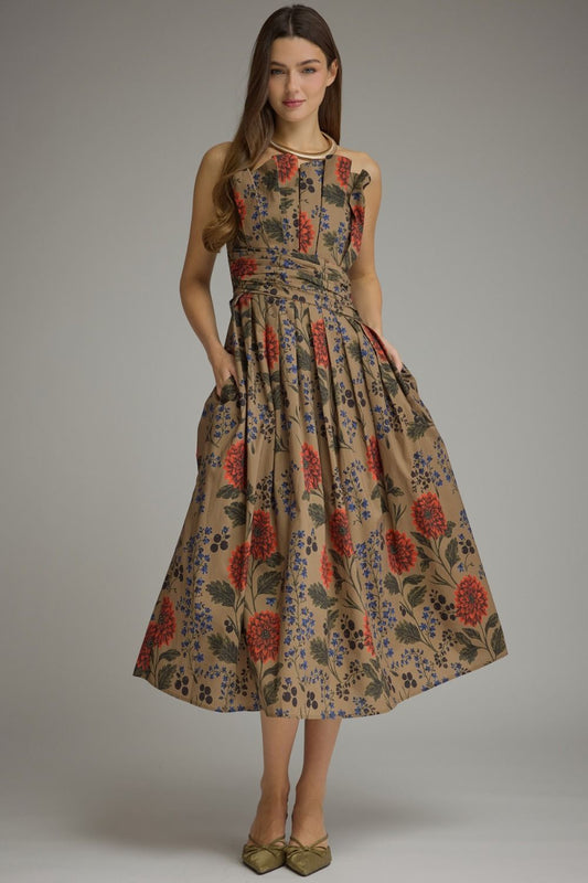 Floral Fall Sleeveless Pleated Midi Dress