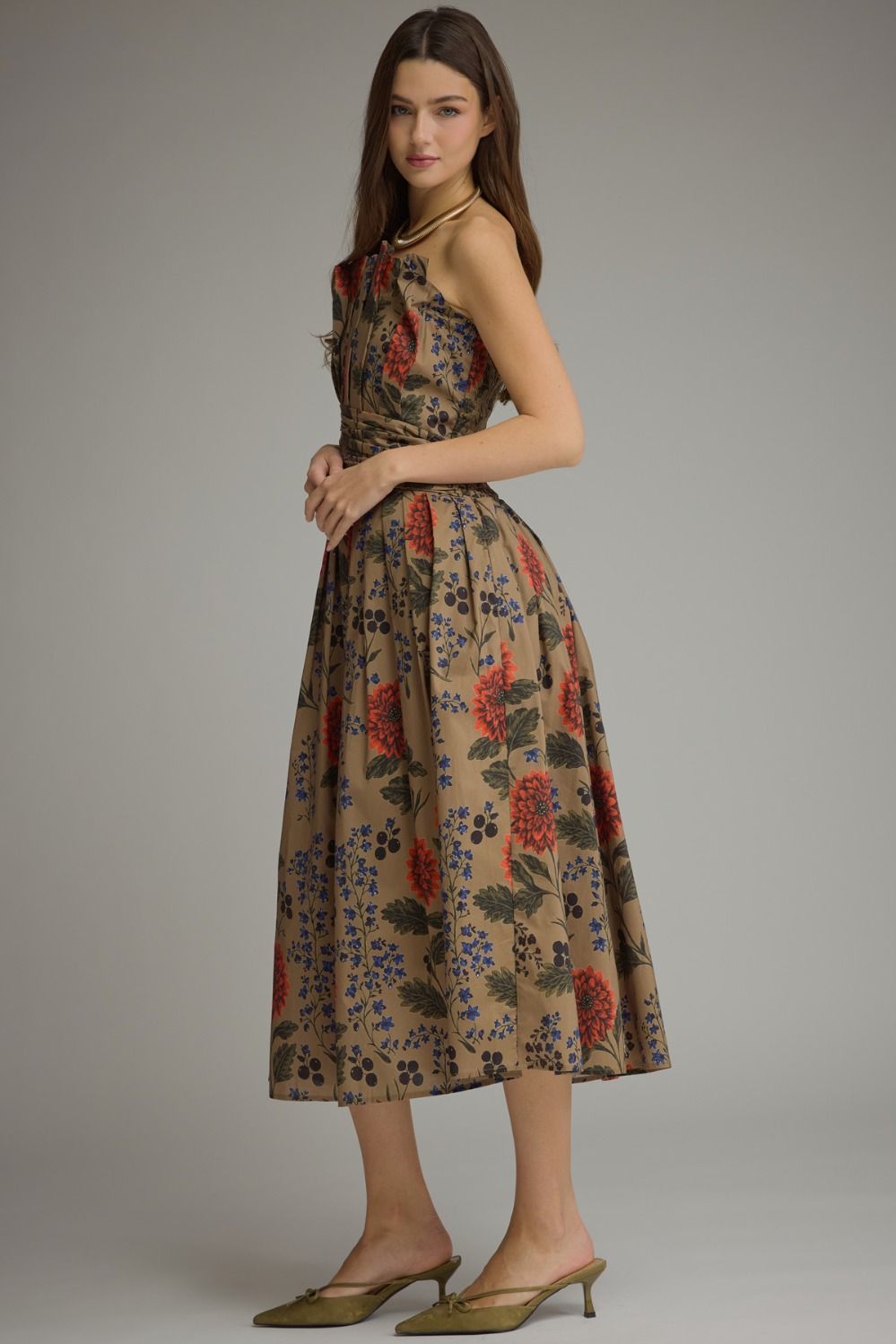 Floral Fall Sleeveless Pleated Midi Dress