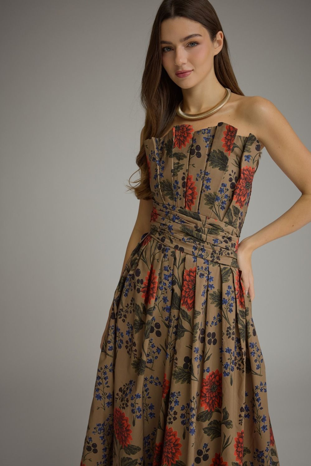Floral Fall Sleeveless Pleated Midi Dress