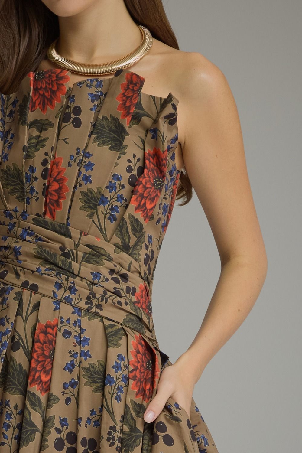 Floral Fall Sleeveless Pleated Midi Dress