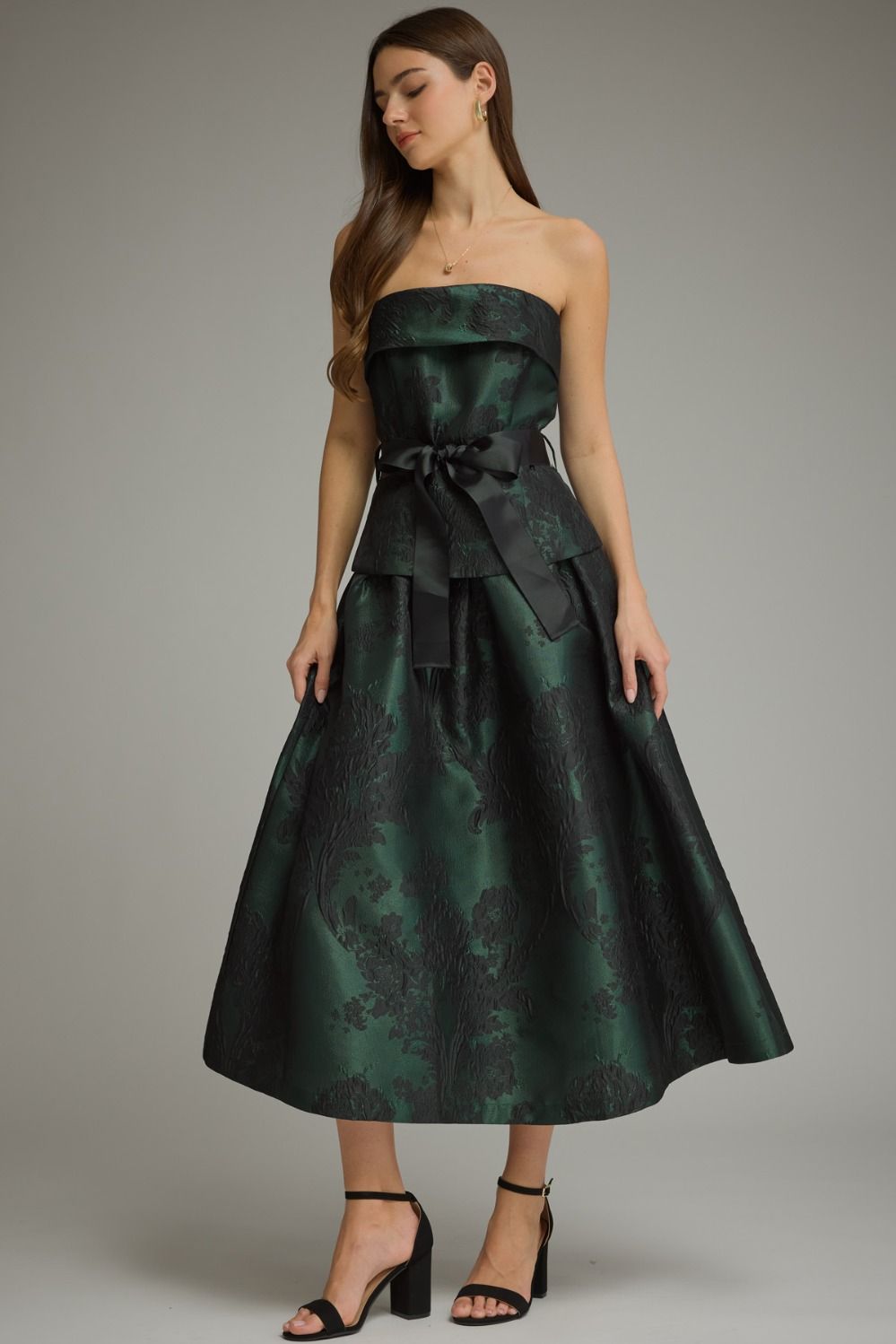 Emerald Bloom Jacquard Strapless Midi Dress