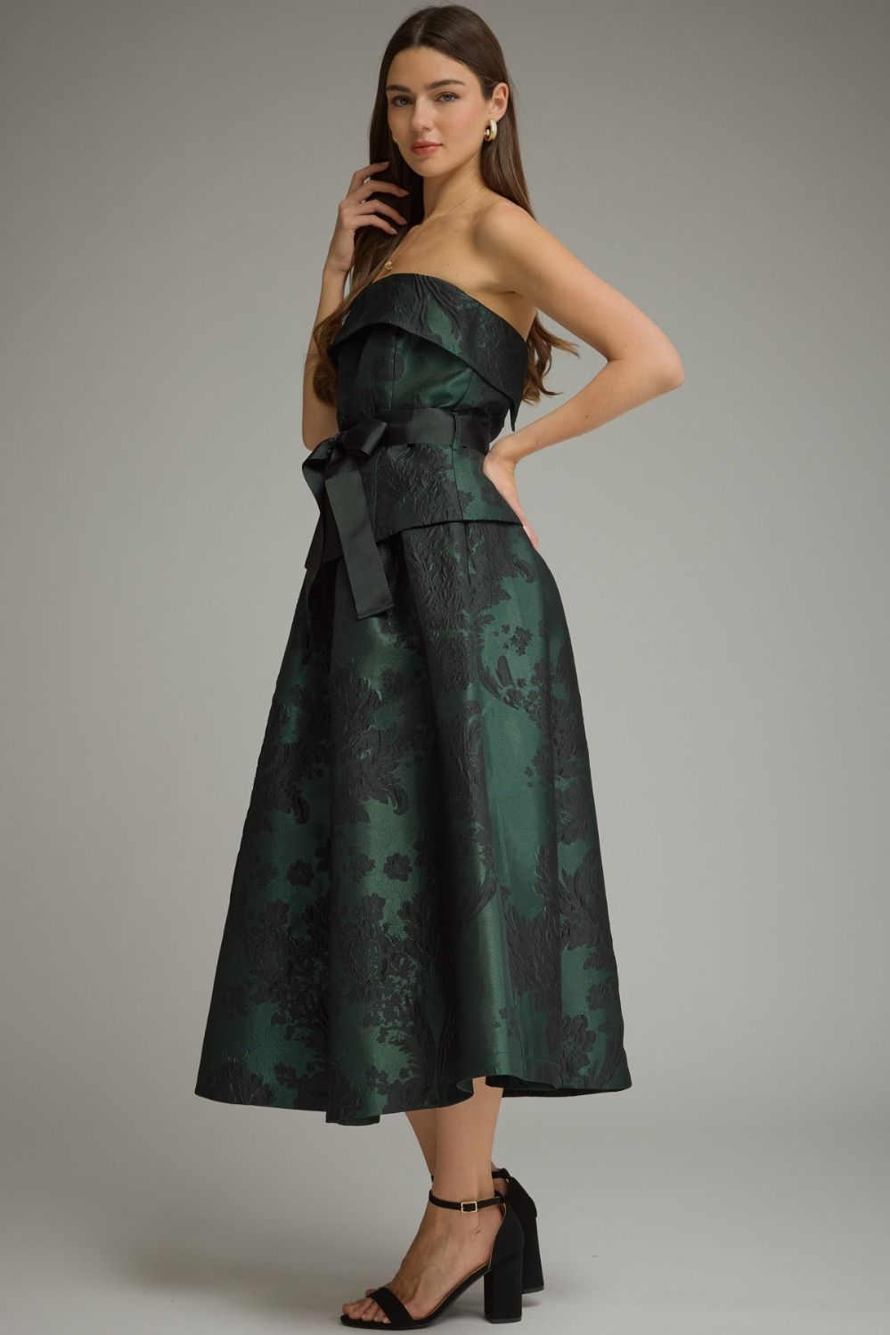 Emerald Bloom Jacquard Strapless Midi Dress