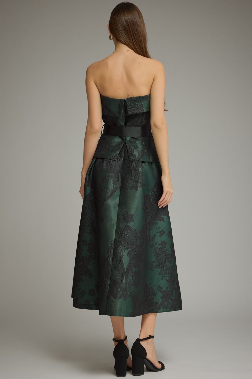 Emerald Bloom Jacquard Strapless Midi Dress