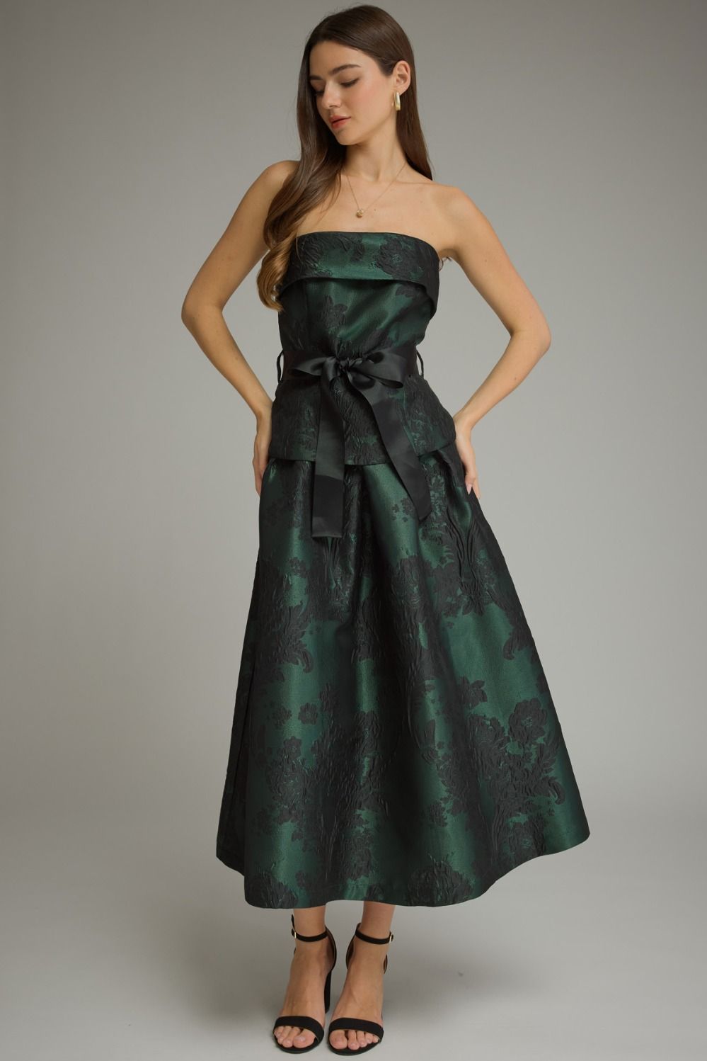 Emerald Bloom Jacquard Strapless Midi Dress