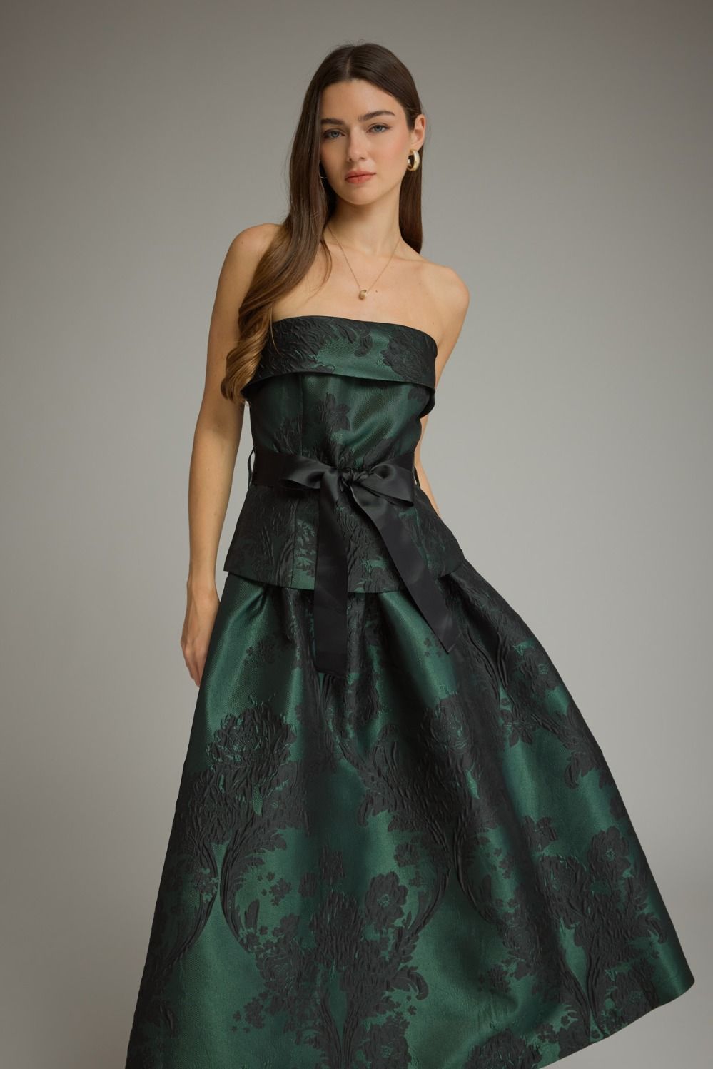 Emerald Bloom Jacquard Strapless Midi Dress