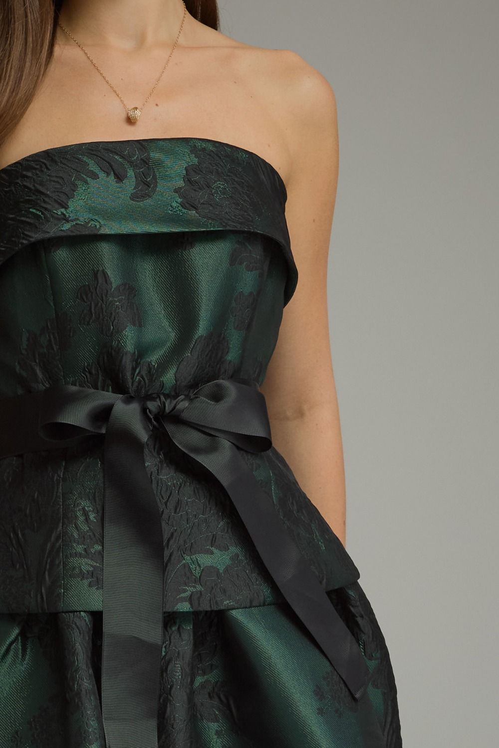 Emerald Bloom Jacquard Strapless Midi Dress