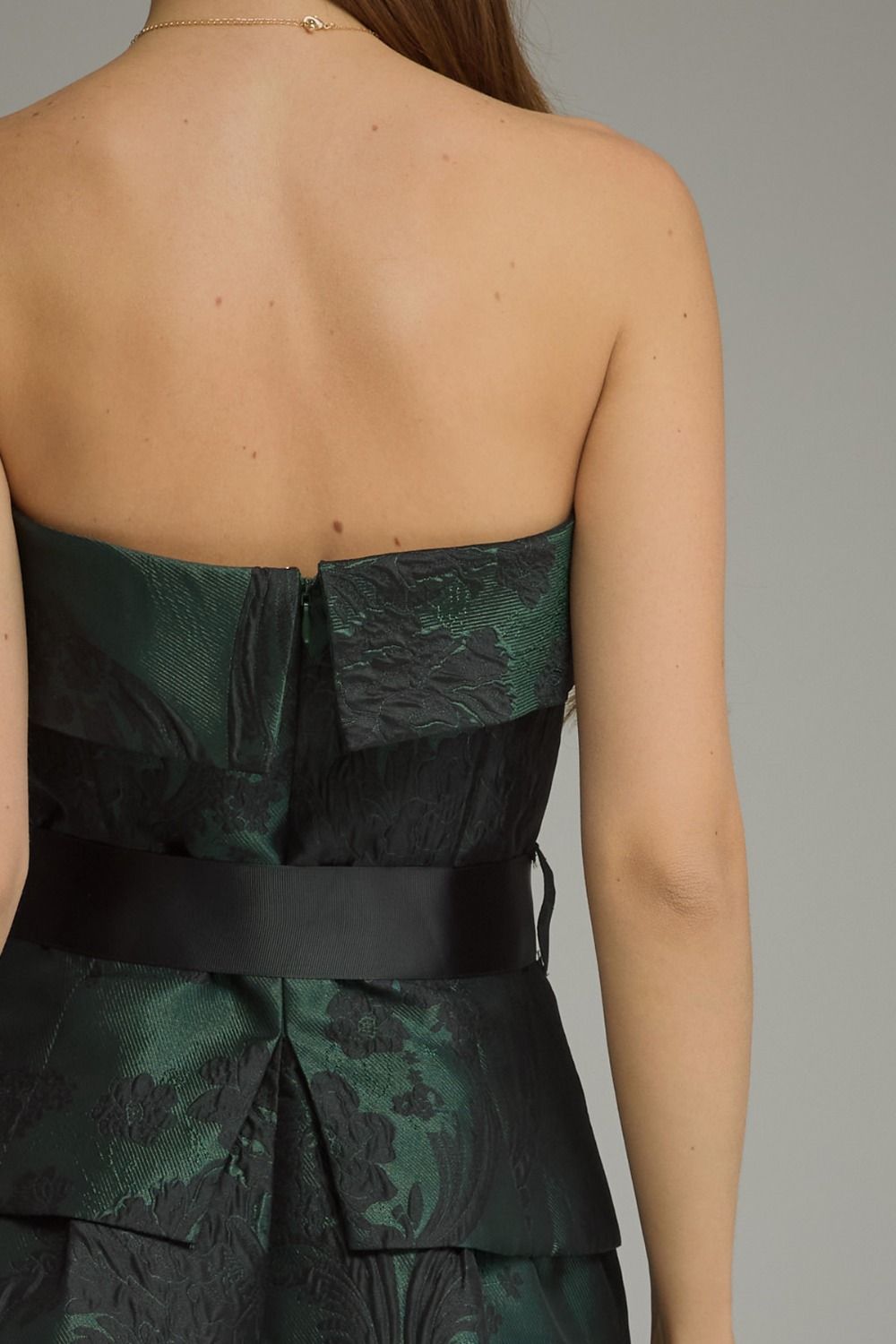 Emerald Bloom Jacquard Strapless Midi Dress