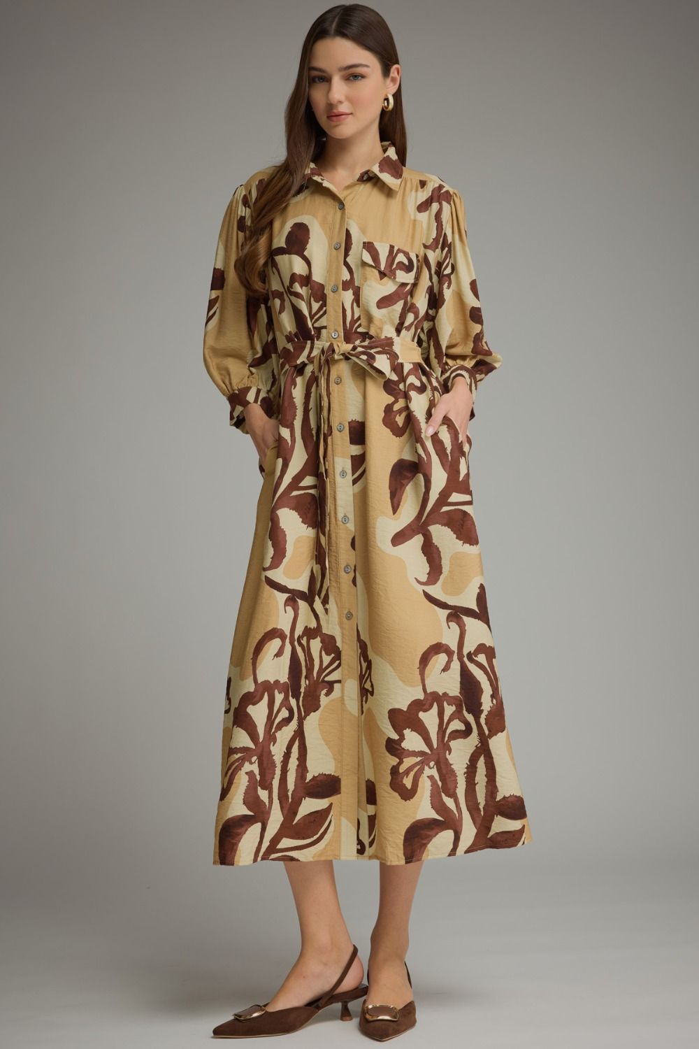 Golden Hour Floral Puff Sleeve Midi Dress