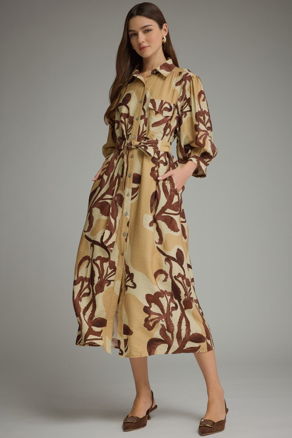 Golden Hour Floral Puff Sleeve Midi Dress