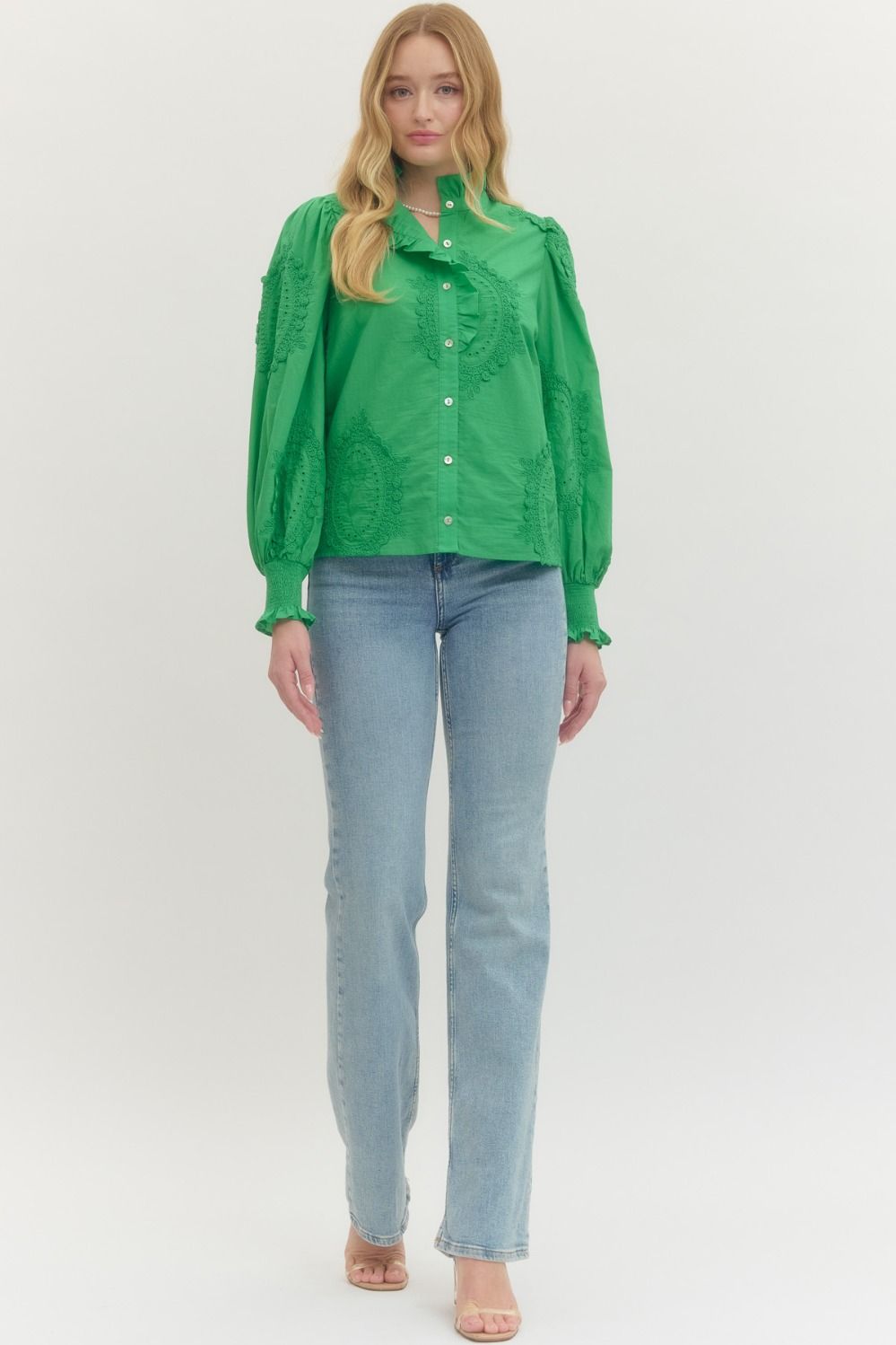 Green Embroidered Appliqué Cotton Blouse