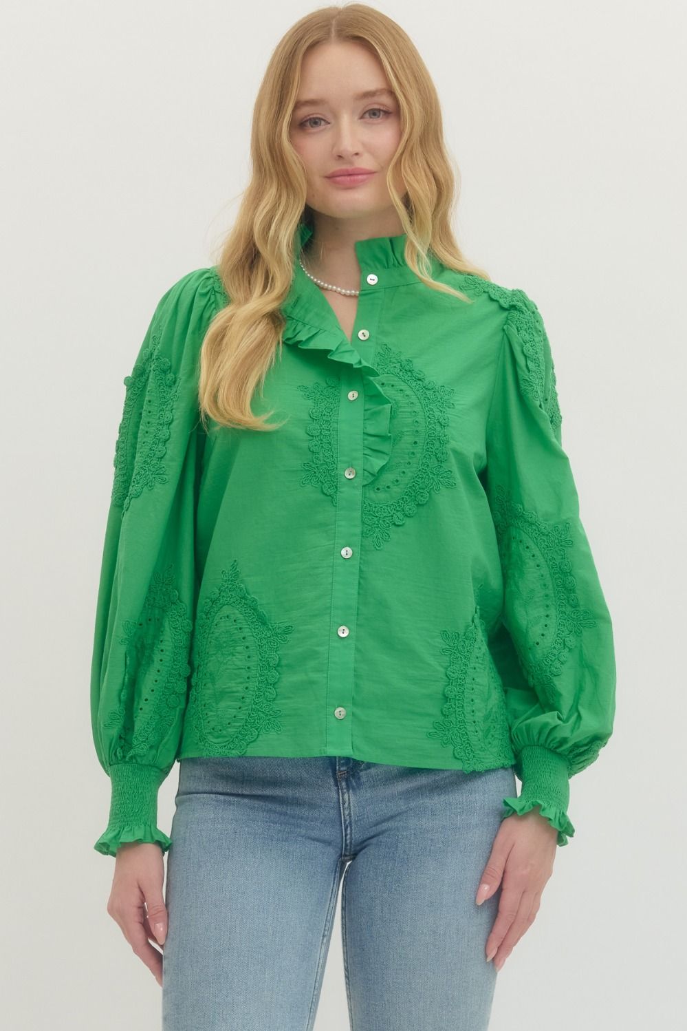 Green Embroidered Appliqué Cotton Blouse