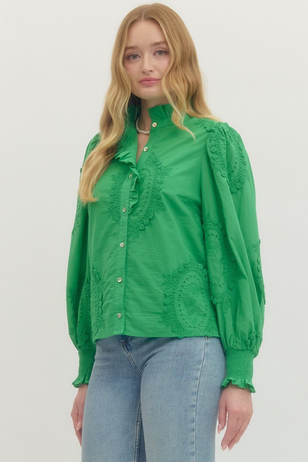 Green Embroidered Appliqué Cotton Blouse