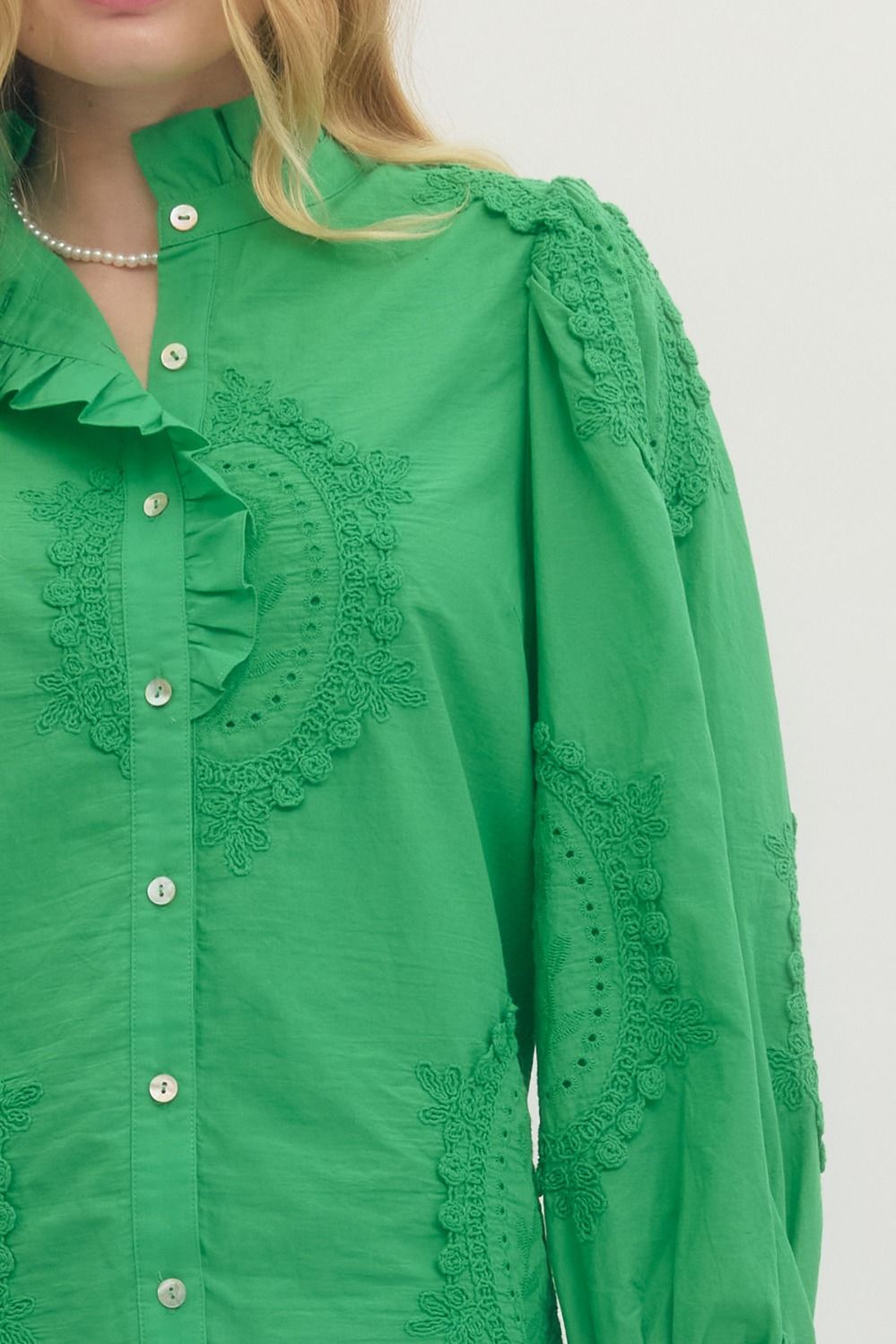 Green Embroidered Appliqué Cotton Blouse