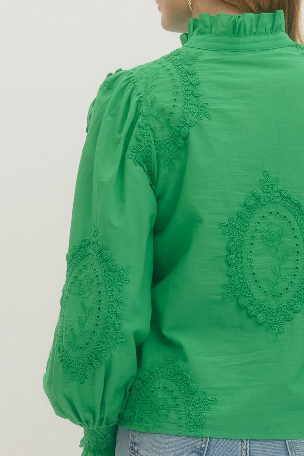 Green Embroidered Appliqué Cotton Blouse