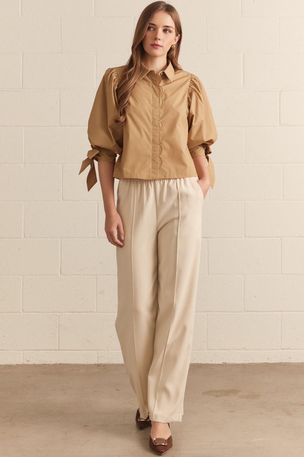 Camel Scallop Button Up Top
