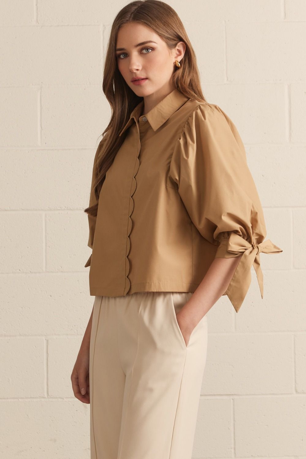 Camel Scallop Button Up Top